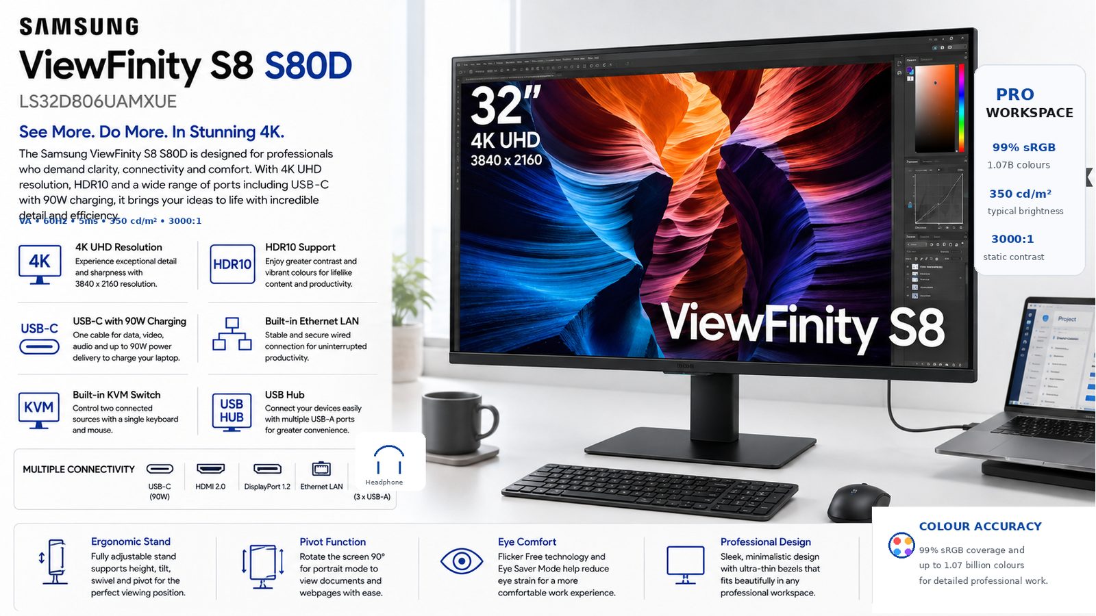 Samsung ViewFinity S8 S80D LS32D806UAMXUE 32-inch 4K UHD VA Monitor, 60Hz, 5ms, HDR10, USB-C 90W, KVM, Ethernet, Ergonomic Pivot Stand, Black, 3-Year Warranty | LS32D806UAMXUE